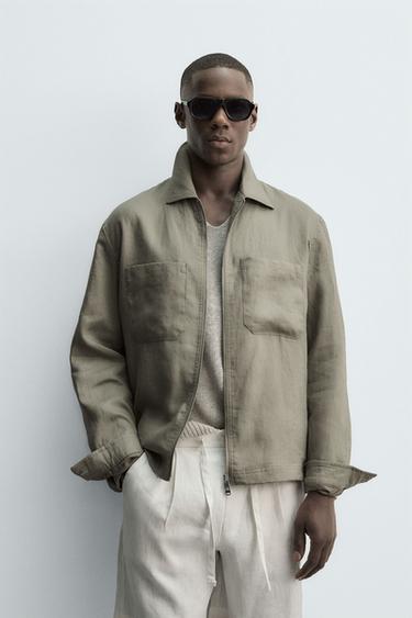 Zara 100% LINEN ZIP-UP OVERSHIRT - Light beige