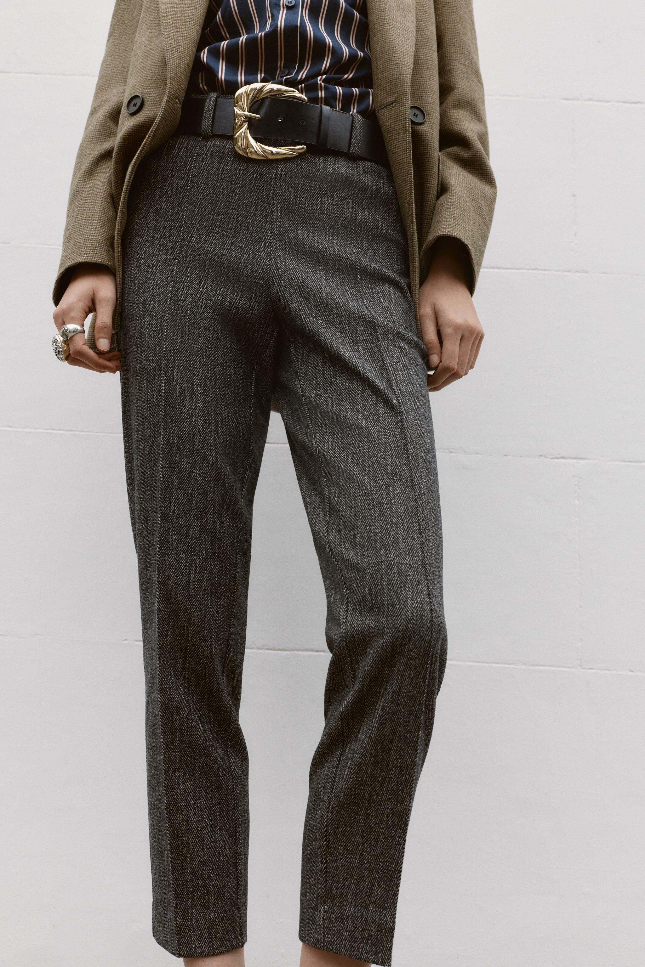 HERRINGBONE BELTED PANTS