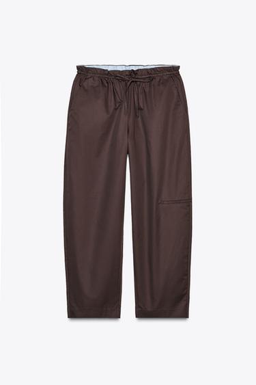 Zara 撞色腰身 BARREL 長褲 - 深棕色