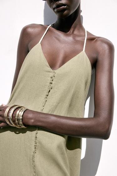 VOLUMINOUS LINEN BLEND MIDI DRESS - Light khaki by Zara - Image 7
