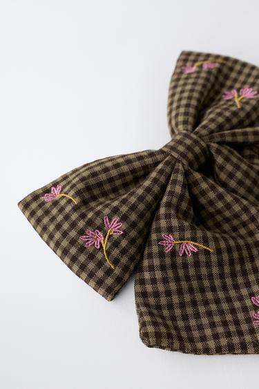 GINGHAM FLORAL BOW HAIR TIE — Beige 2
