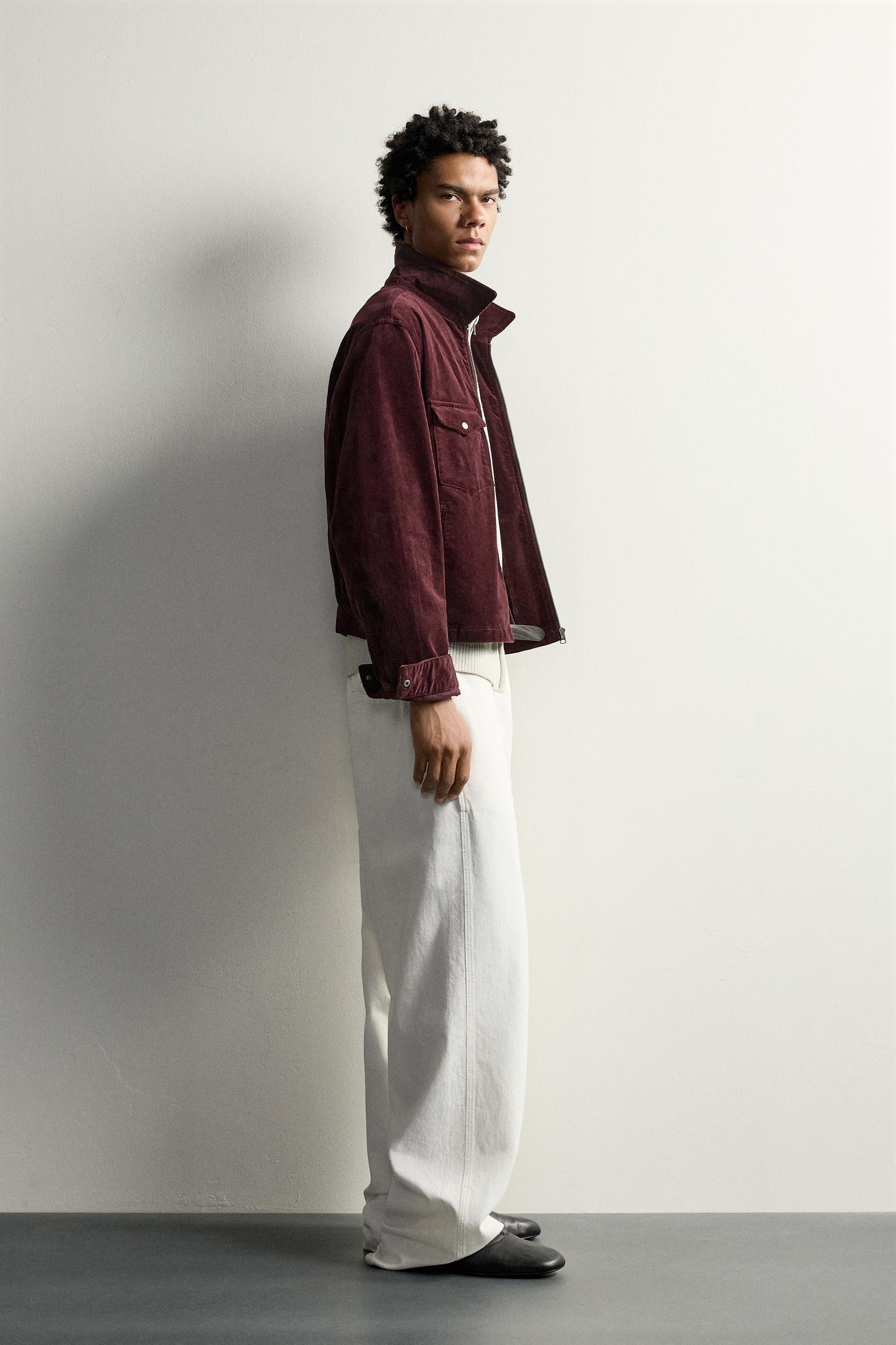 Мужская рубашка Zara Cropped Corduroy Overshirt, цвет: Бордовый — фото 4