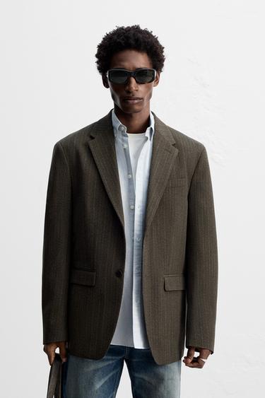 Zara STRIPED TEXTURED BLAZER - Brown / Green