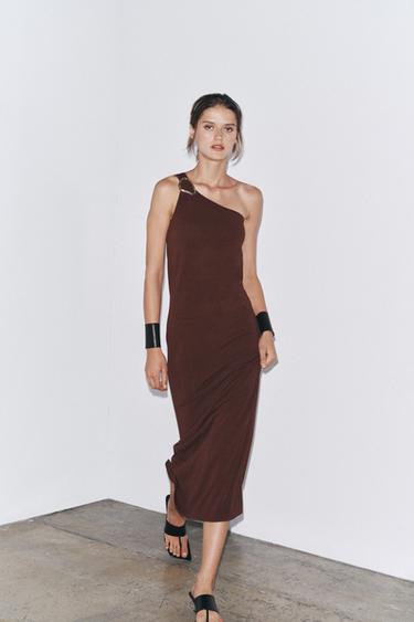 Zara ASYMMETRIC KNIT MIDI DRESS WITH APPLIQUÉ - Brown