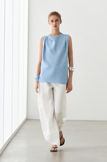 Zara Flowing linen blend pleated top - Sky blue - Image 0