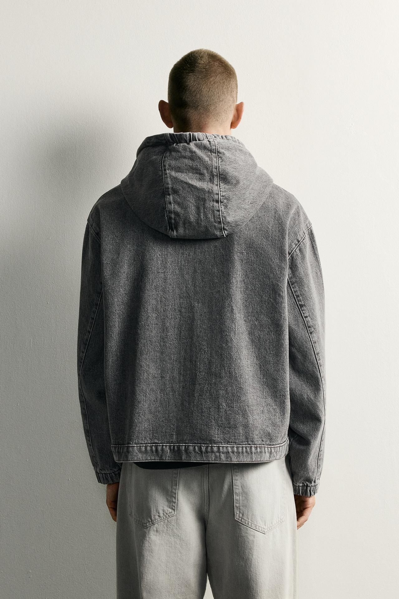 RELAXED-FIT DENIM HOODIE JACKET — Gray