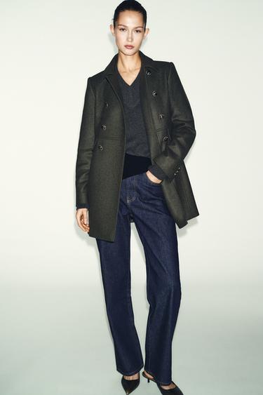 Zara DOUBLE BREASTED WOOL BLEND COAT - Khaki