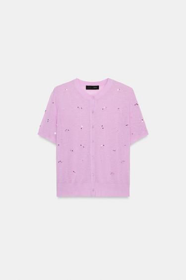 CHAQUETA PUNTO MANGA CORTA LENTEJUELAS - Rosa / Lila de Zara