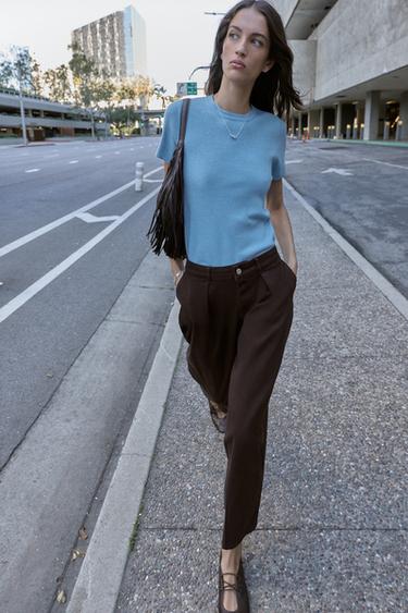 Zara SOFT FEEL SHORT SLEEVE KNIT JUMPER - Light blue