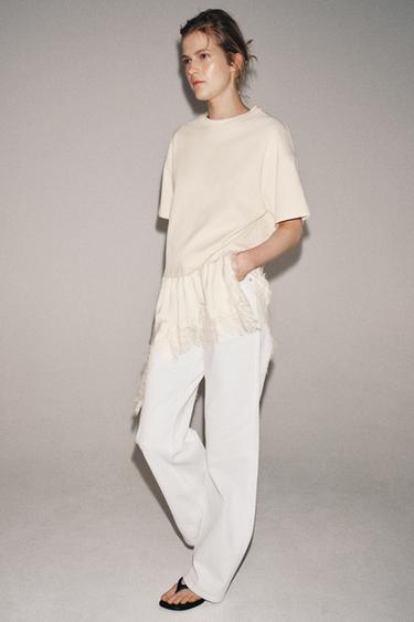 Zara KOMBINIRANA MAJICA S ČIPKOM – Ekru