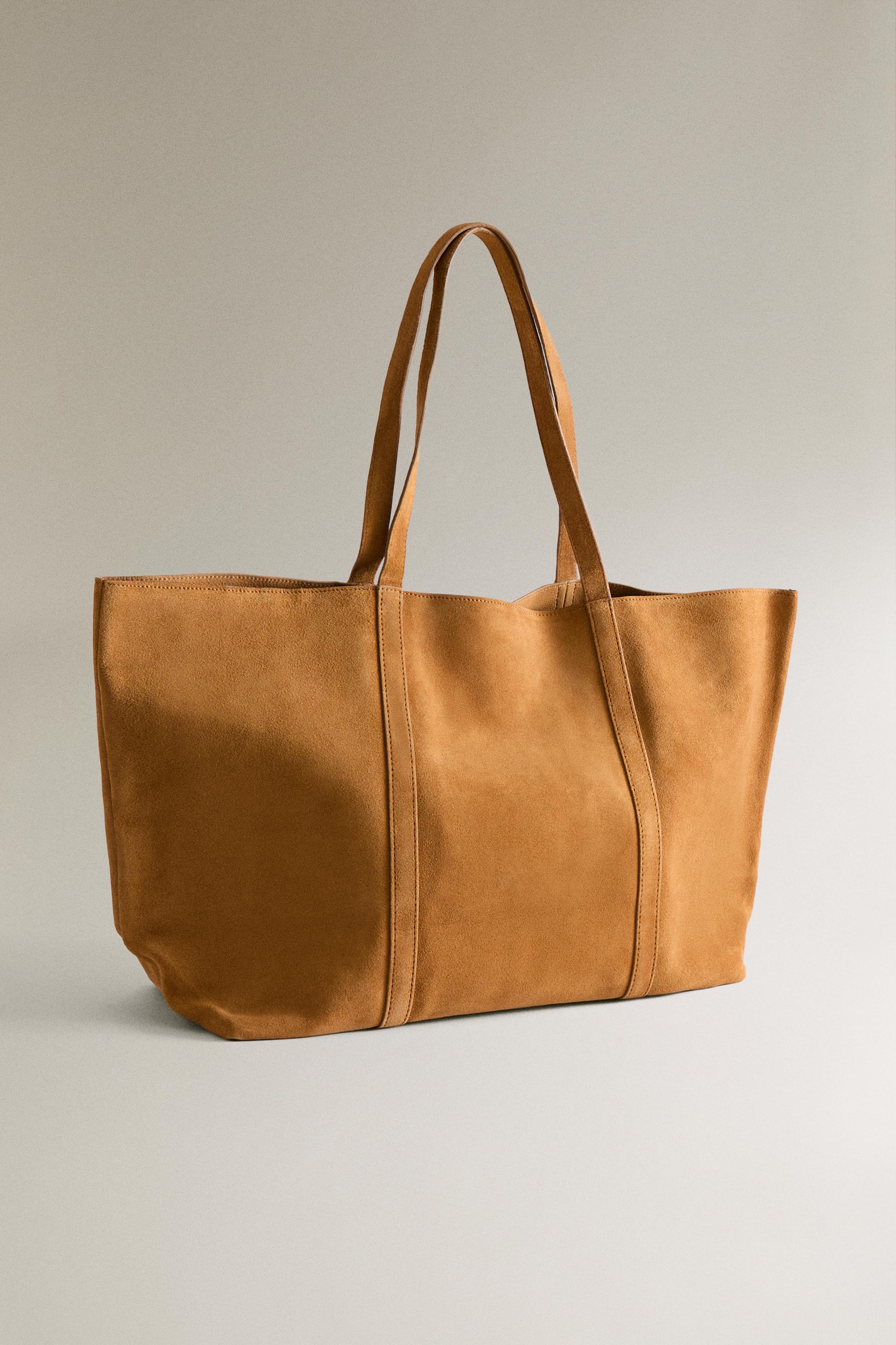 REVERSIBLE SPLIT SUEDE LEATHER TOTE BAG — Brown