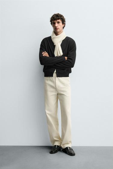 Zara TWILL TEXTURED BELT PANTS - Ecru