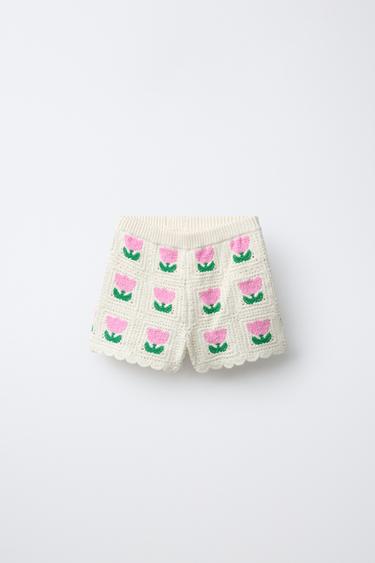 FLORAL CROCHET KNIT BERMUDA SHORTS - Ecru by Zara - Image 0