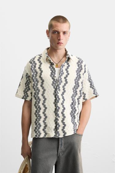 Zara OPENWORK TEXTURED SHIRT - Ecru / Navy