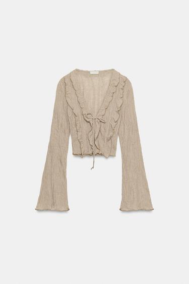 RUFFLED TOP WITH TIE DETAIL - Beige by Zara