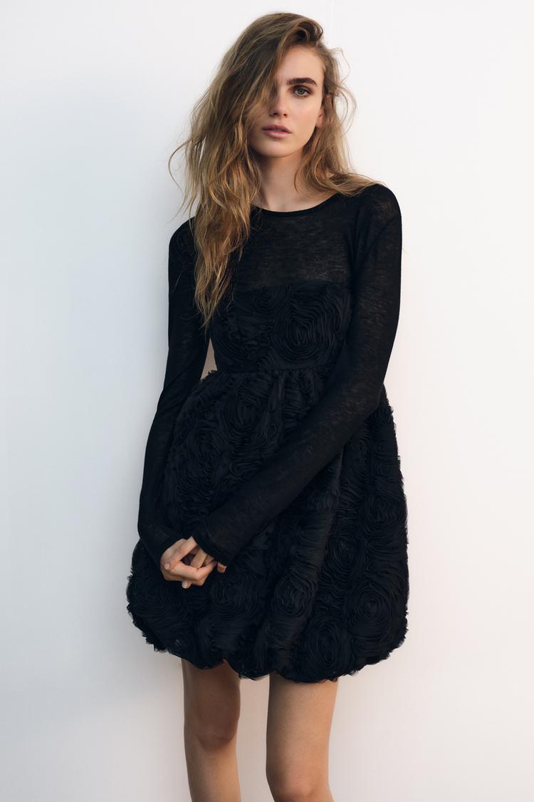 ZARA レース ブラック ワンピース（花柄ミニワンピース - ブラック 