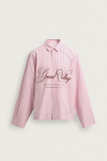 RELAXED FIT STRIPED TEXT SHIRT - Pink by Zara