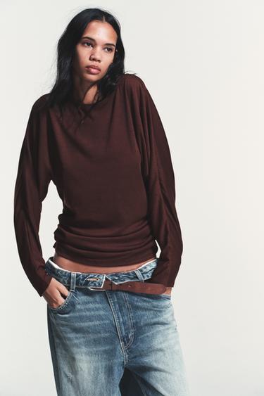 Zara SIDE DRAPED T-SHIRT - Chocolate