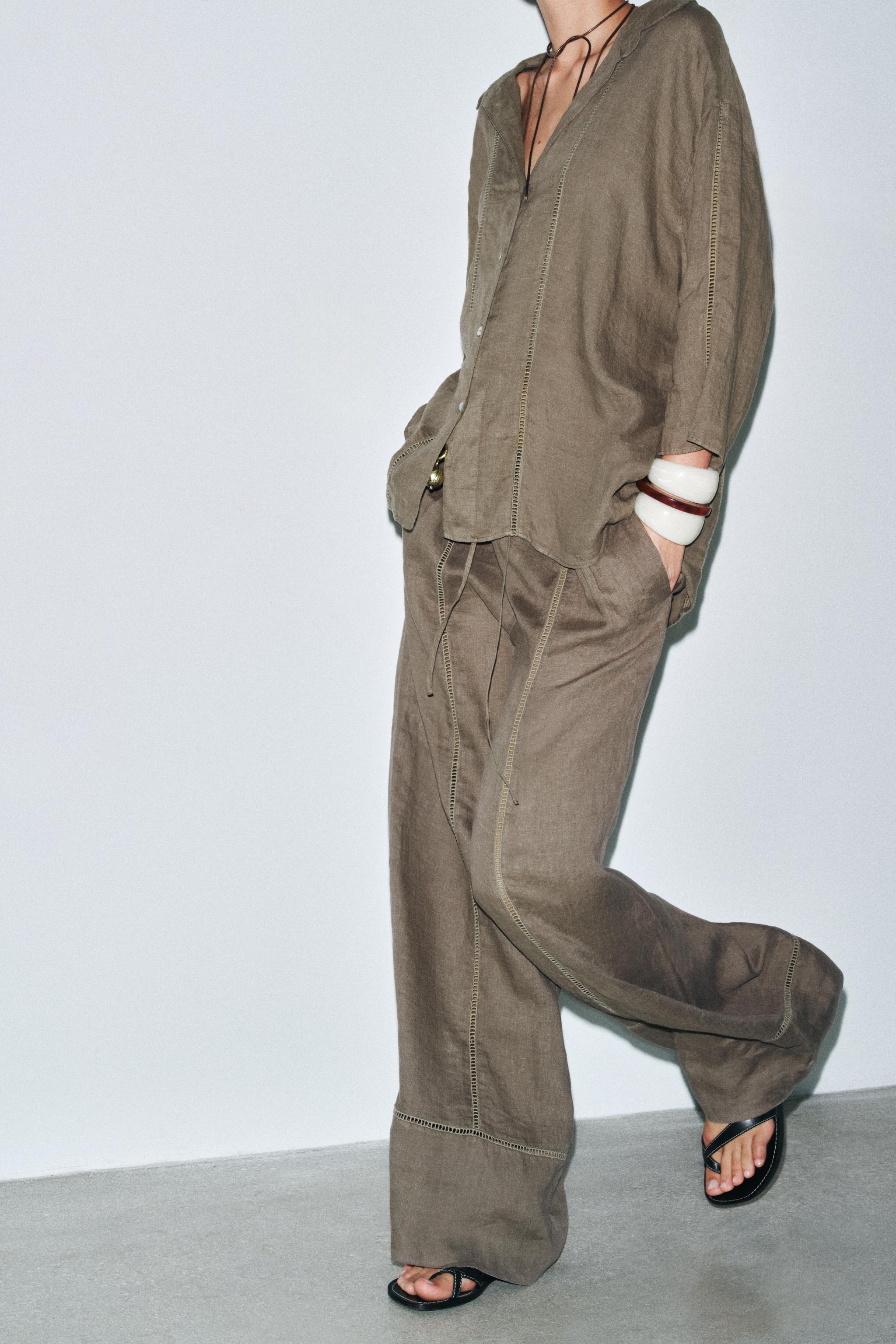 【ZARA】ZW COLLECTION リネン100% パラッツォパンツ 4043/059 ZW COLLECTION リネン100% パラッツォパンツ - ブラウン/モール