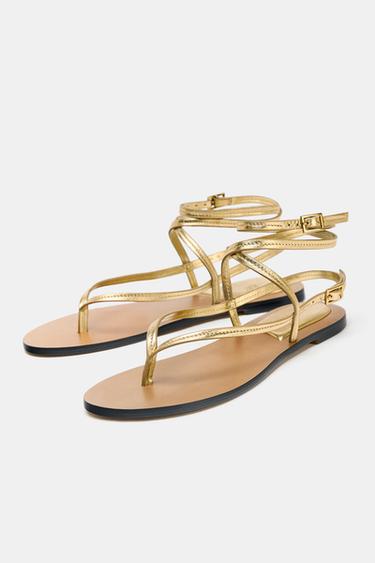 SANDALES À BRIDES EN CUIR EFFET MÉTALLISÉ - Or de Zara - Image 2