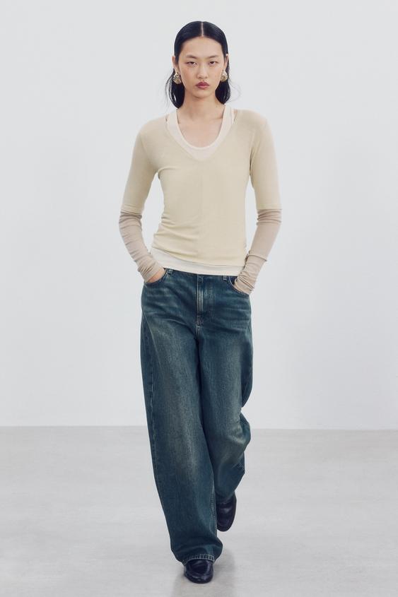 Zara TRIPLE LONG SLEEVE T-SHIRT - Ecru / Beige - Image 0