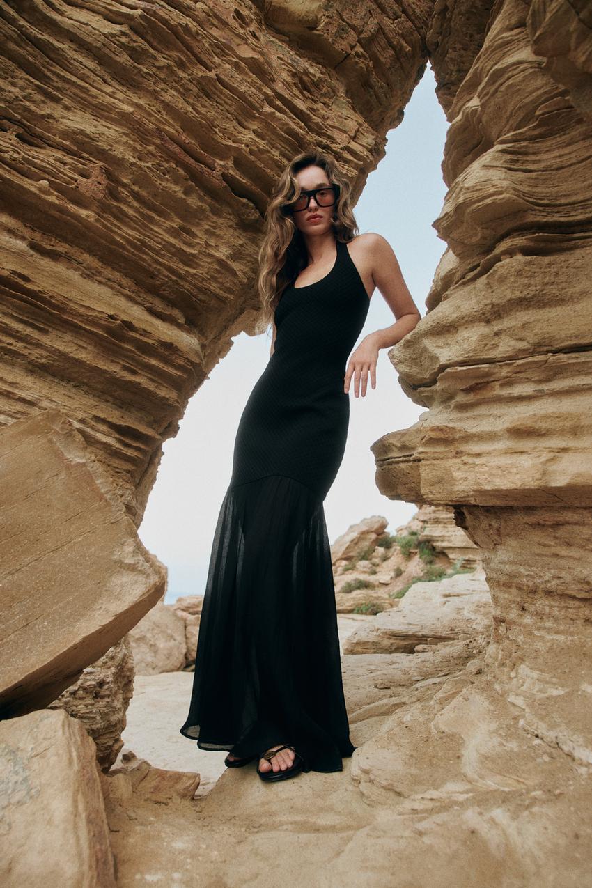 long black halter dress Embellished Plunge Neck Evening Gown in - 2 Works best for A to C cup sizes Zara - Combination Knit Halter