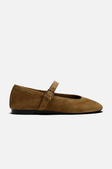 SPLIT SUEDE BALLERINAS - Dark tan by Zara