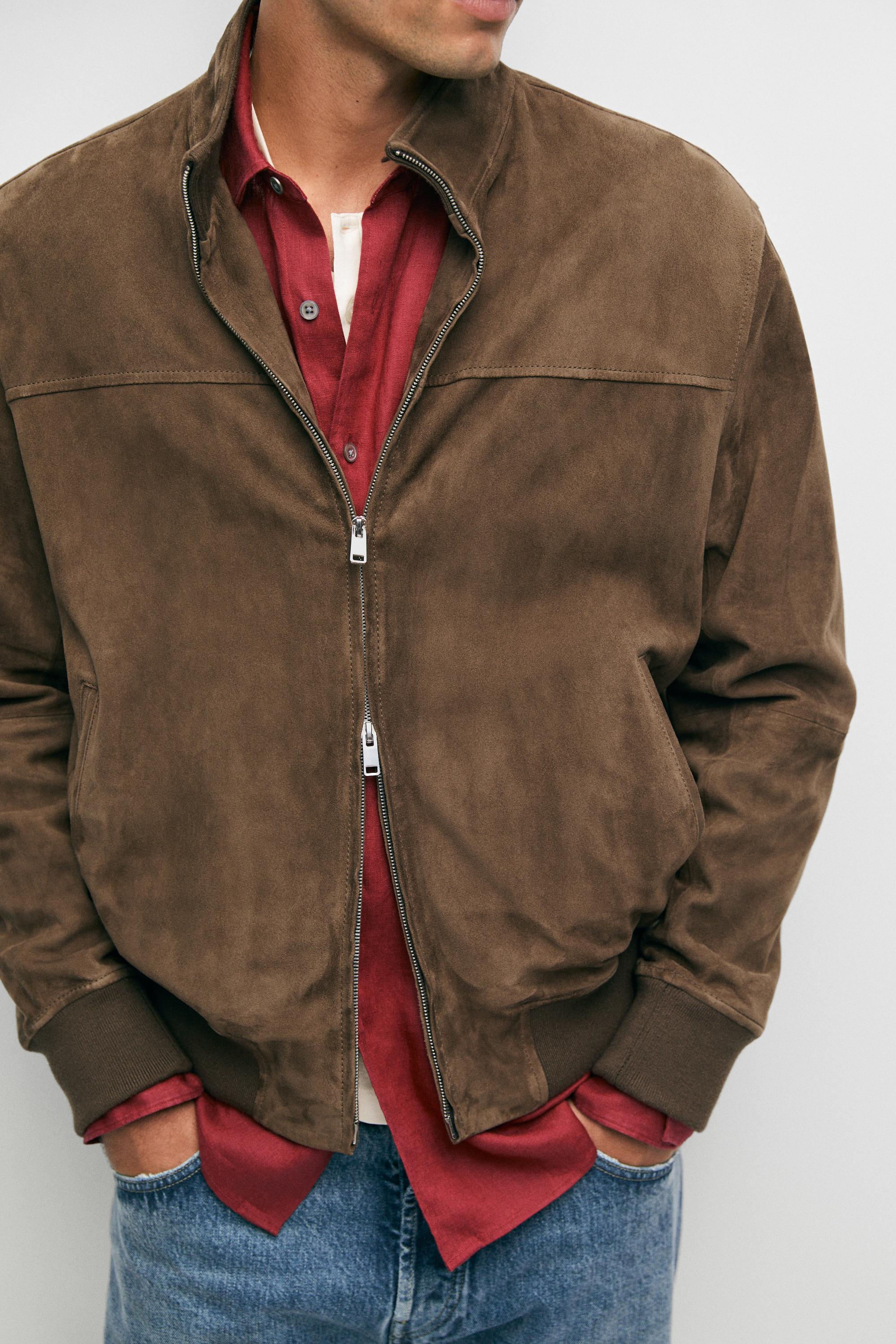 Blouson bomber en cuir et daim