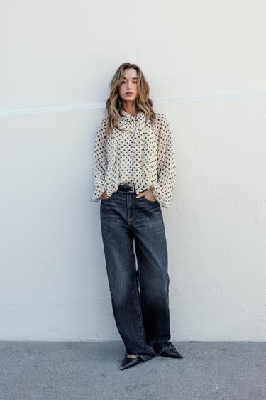 Zara POLKA DOT PRINT BLOUSE - Ecru / Black