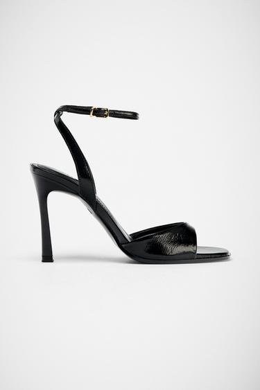 Zara CRACKLED EFFECT HEELED SANDALS - Black
