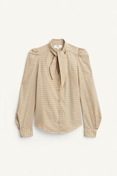 Zara LIMITED EDITION PLAID TIE SHIRT - Light beige