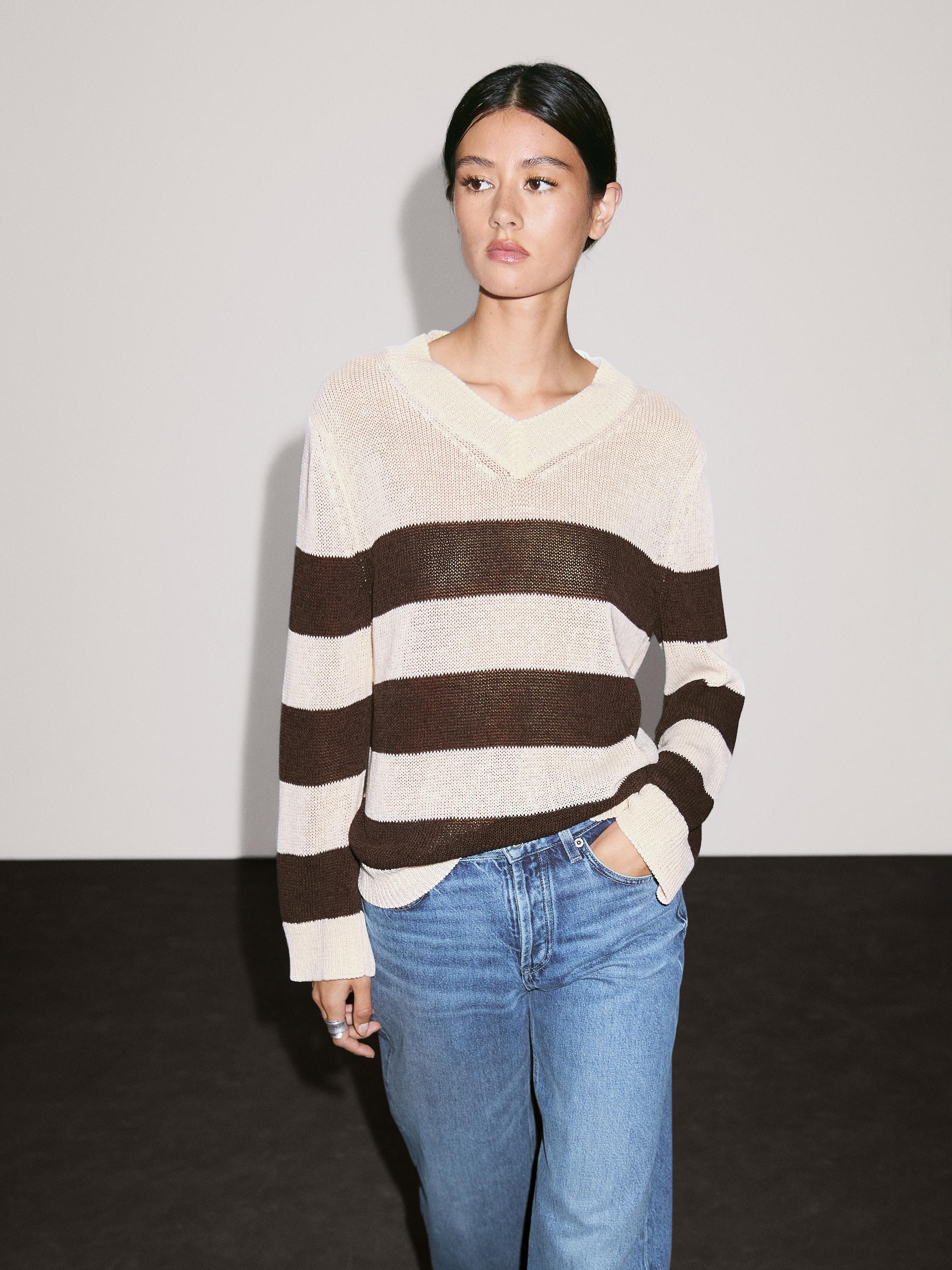 Pull coton à rayures en maille