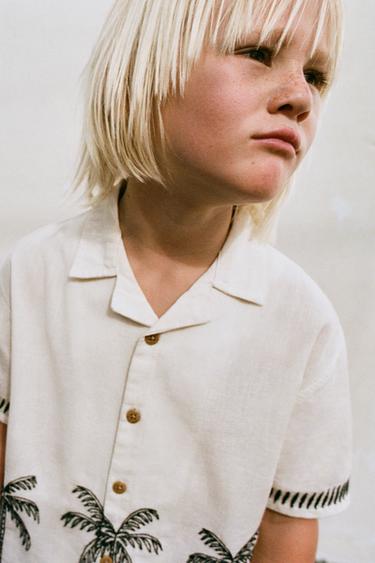 CAMISA ALGODÓN LINO BORDADO PALMERAS - Crudo de Zara