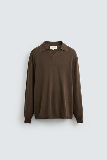 COTTON/HEMP KNIT POLO SHIRT - Black / Brown by Zara - Image 6