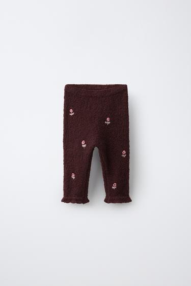 Zara KNIT PANTS WITH RUFFLE HEM AND DOT DETAIL - Dark burgundy