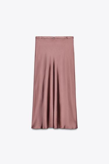 Zara SATIN MIDI SKIRT WITH BELT - Dark pink
