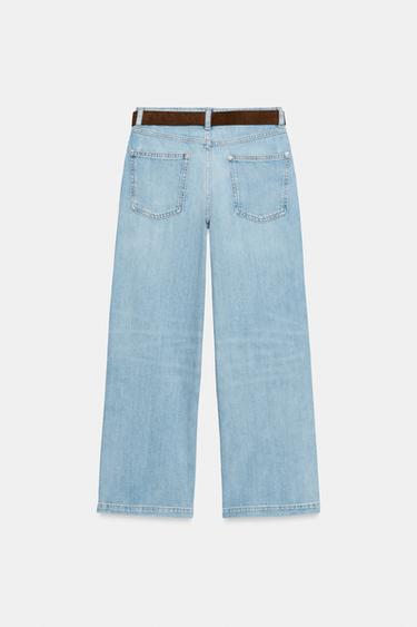 HIGH-WAIST WIDE-LEG CROPPED JEANS WITH BELT - Light blue by Zara