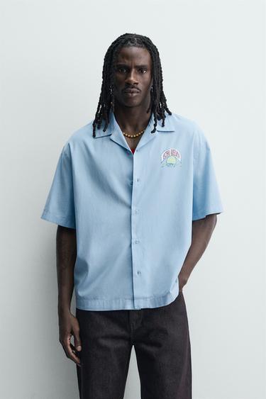 RELAXED FIT LYOCELL-COTTON PRINTED SHIRT - Light blue by Zara
