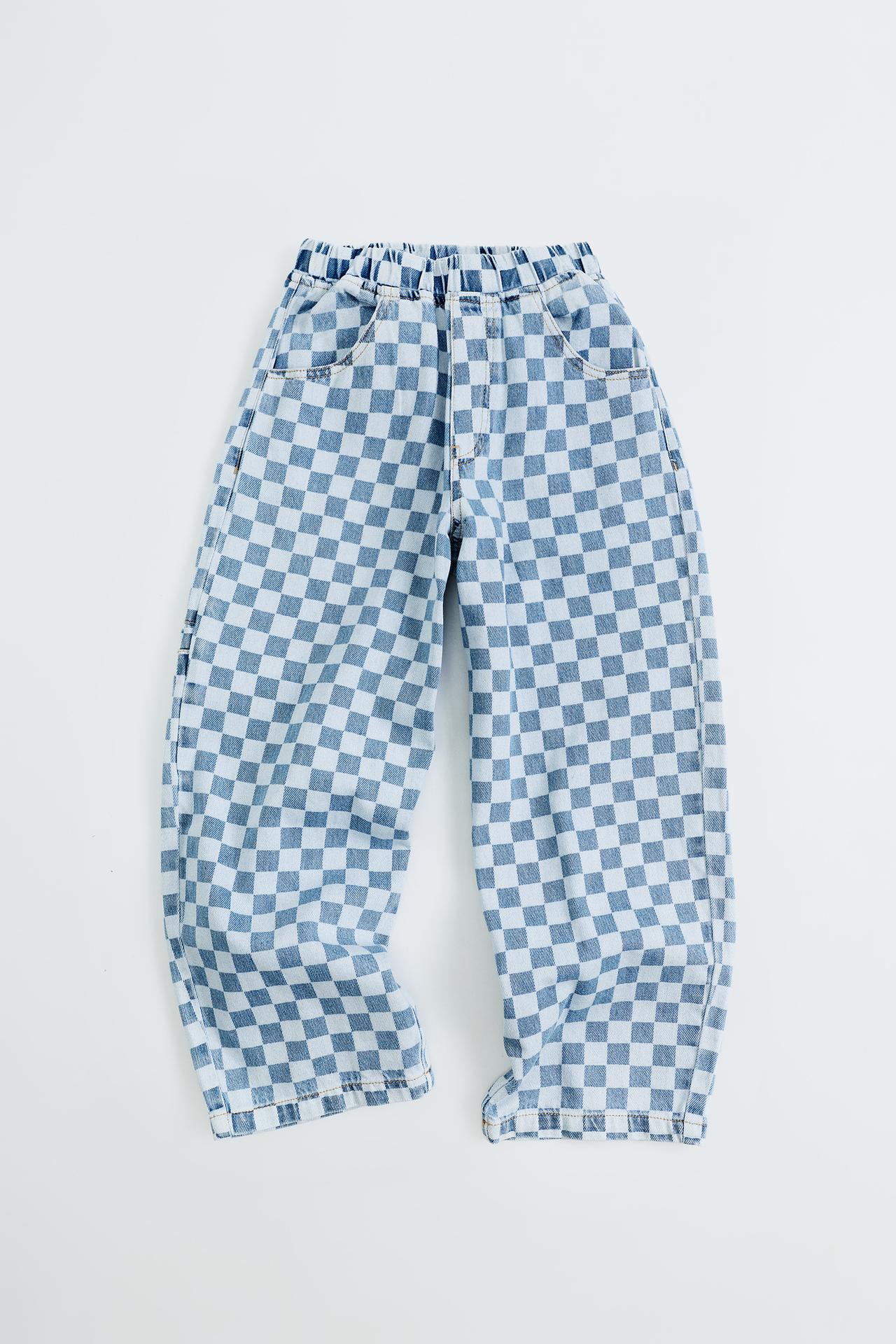 CHECKERBOARD PRINT BALLOON JEANS — Blue
