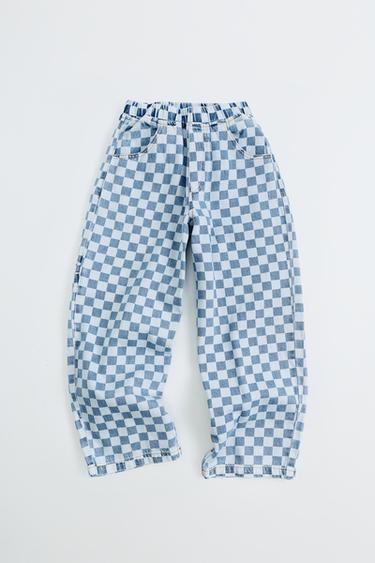 BALLOON FIT JEANS WITH CHECKERBOARD PRINT - Blue by Zara