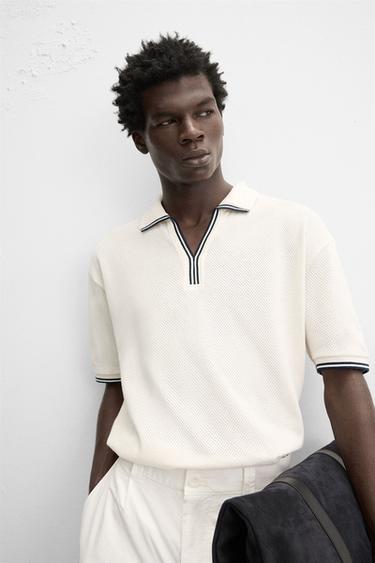 Zara CONTRAST OPEN WEAVE POLO SHIRT - Oyster-white
