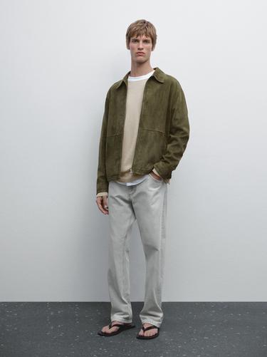Veste en cuir finition daim - Kaki de Zara - Image 0