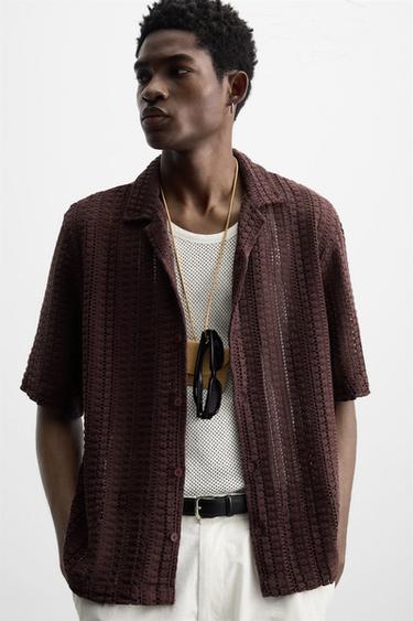 CROCHET TEXTURED SHIRT - Wine by Zara