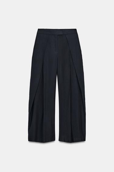 Zara ZW COLLECTION WIDE LEG PLEATED PANTS - Navy blue