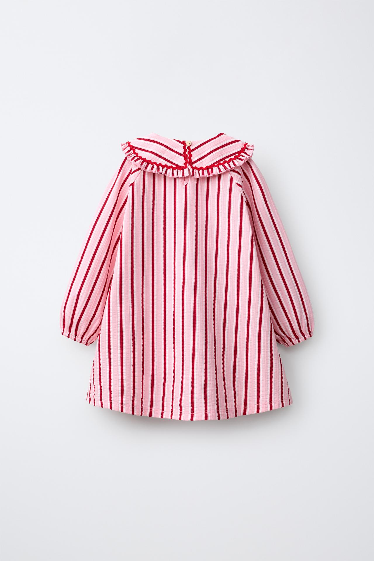 STRIPED PETER PAN COLLAR DRESS — Mid-pink