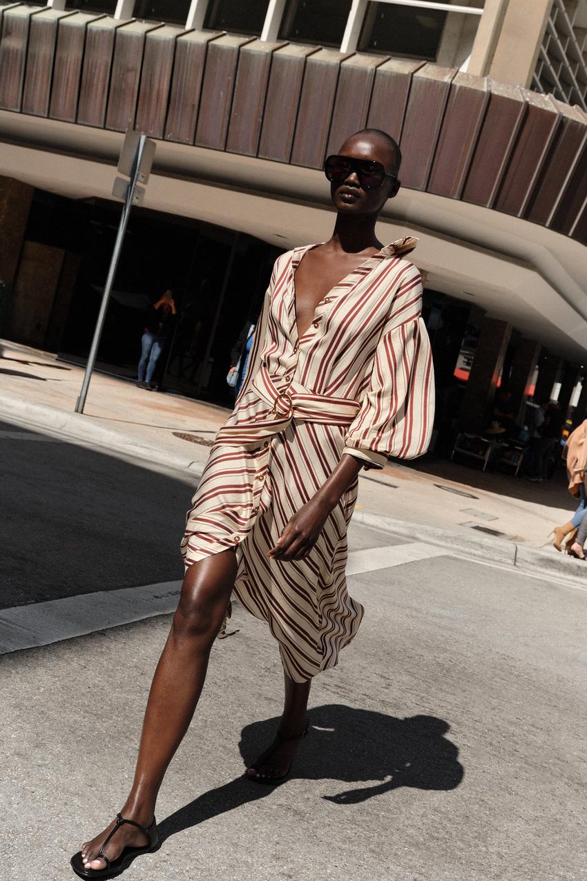STRIPED BELTED MIDI DRESS - Ecru / Maroon | ZARA United States STRIPED BELTED MIDI DRESS - Ecru / Maroon | ZARA United States