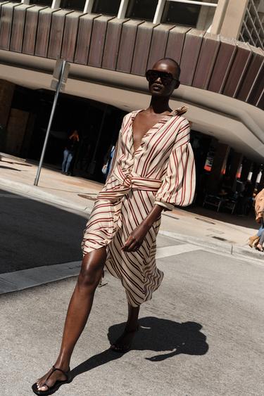 Zara STRIPED BELTED MIDI DRESS - Ecru / Maroon - Image 0