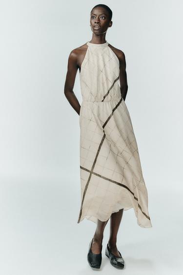 Zara PLAID HALTER DRESS - Ecru