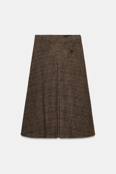 ZW COLLECTION CHECK SKIRT WITH WOOL AND PLEATS - Brown-Blue by Zara