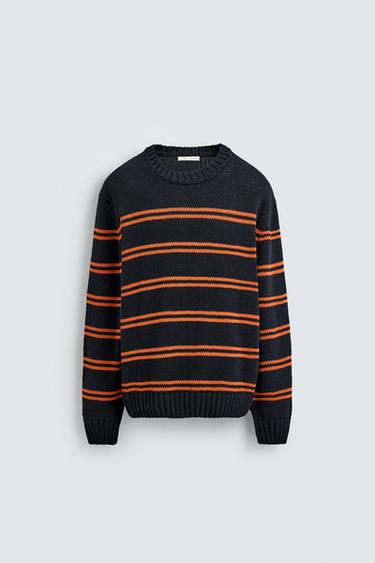 Zara JACQUARD STRIPE SWEATER - Navy blue
